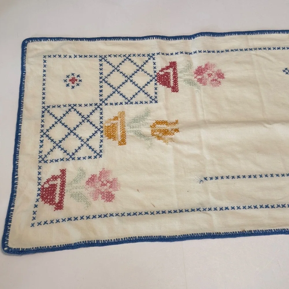 Vtg‎ Hand Embroidered Floral Cross Stitch Table Runner Blue Crochet Edge 40x13